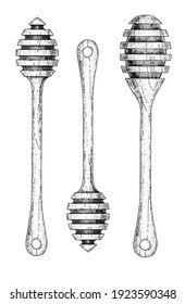 A set of wooden honey sticks. Wooden spoon for liquid sweetness. Hand-drawn sketches engraving style. Vintage illustrations on a transparent background