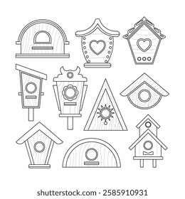 Set of wooden house bird doodle outline collection of different shapes with cartoon style, Colorful Feeders of Different Design with Slope Roof, Birdhouses, Home or Nest, sweet home illustration.