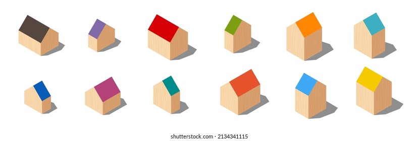Set of wooden house block toys. Building and property concept. 3D isometric illustration. Flat style. Isolated vector for presentation, infographic, website, apps and other uses.