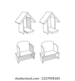 Set Wooden House and Children Chair Modern outline style icons. Stroke vector illustration on a white background.