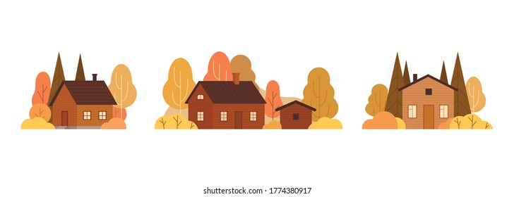 Conjunto de casas de madera en el bosque de otoño. Ilustración vectorial en estilo plano sobre fondo blanco