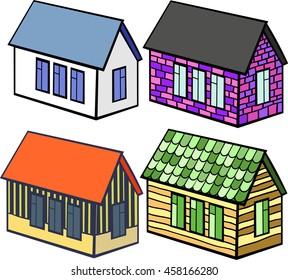 set of wooden houses and brick vector illustration