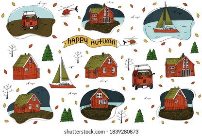 Set of Wooden houses, helicopter, Christmas trees, inscription Happy Autumn, yacht, caravan, travel trailer, camper or camper trailer and bike stuff isolated on a white background for stickers