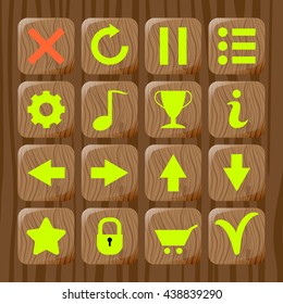 Set of wooden icons on wooden textured background for game. Mobile app vector template