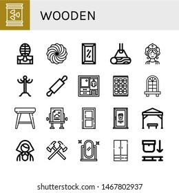 Set of wooden icons such as Barrel, Kendo, Marshmallow, Full length mirror, Wood, Kokoshnik, Coat rack, Rolling pin, Wardrobe, Window, Stool, Drawing table, Door, Pergola , wooden