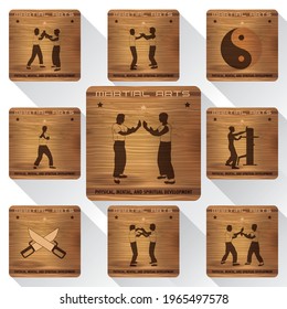 Set of the wooden icons for web and application or other goals with silhouettes of martial art fighters