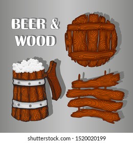 Set of wooden items from beer mug, wooden signboard and lid for beer barrel. It is roughly hand-drawn, with a special wood texture and metal hoops. 