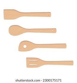 Set of wooden kitchen spatulas on white background