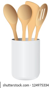 A set of wooden kitchen spoons in a ceramic cup. Vector illustration.