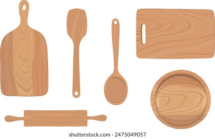 Juego de menaje de cocina de madera. Tabla de cortar, tazón, cuchara de madera, rodillo. Vector dibujado a mano.	