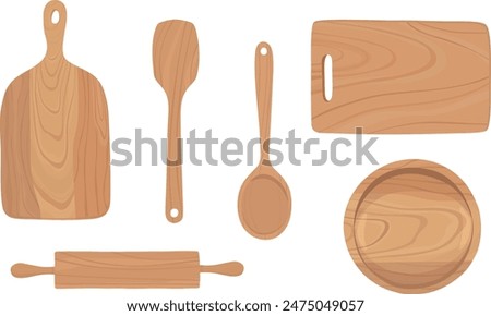 Set of wooden kitchenware. Cutting board, bowl, wooden spoon, rolling pin. Hand drawn illustration vector.	