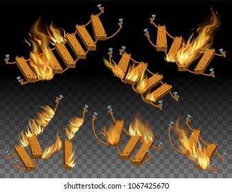 Set of wooden ladder and rope in fire flames of various size with sparks. Elements for a mobile game. Realistic isolated vector illustration.