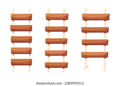 Ponga escalera de madera con cuerda, planchas colgadas, escaleras en estilo caricatura aisladas en fondo blanco, Puente, carretera de juegos.