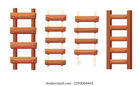 Ponga escalera de madera con cuerda, planchas colgadas, escaleras en estilo caricatura aisladas en fondo blanco, Puente, carretera de juegos.