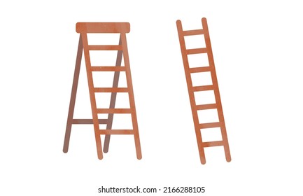 Set of wooden ladders watercolor painting style. Step ladder and straight ladder clipart. Cartoon stepladders for builders, painters and gardeners. Vector illustration set isolated on white background