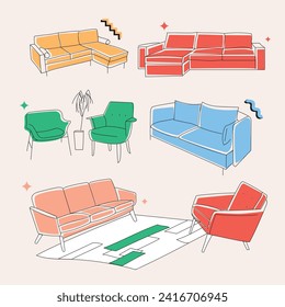 Set of wooden legs luxury sofa and chair. Modern designer stuff. Flat vector illustration isolated on the white background. Hand-drawn sketches of icon, doodle in outline style