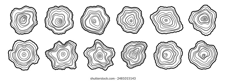 Set of wooden line rings. Organic textures of mountains. Abstract wooden round shapes. Vector scribbles on white background