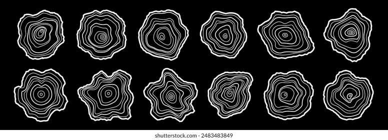 Set of wooden line rings. Organic textures of mountains. Abstract wooden round shapes. Vector white scribbles on black background