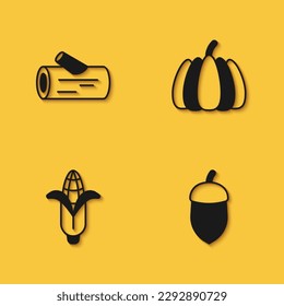 Set Wooden log, Acorn, Corn and Pumpkin icon with long shadow. Vector