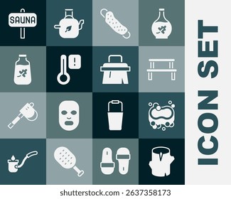 Set Wooden log, Bar of soap, Sauna wood bench, Washcloth, thermometer, Essential oil bottle,  and brush icon. Vector