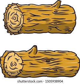 Set of Wooden log. Brown timber forest element. Color hand-drawn illustration. Work of lumberjack. Construction wood material with bark