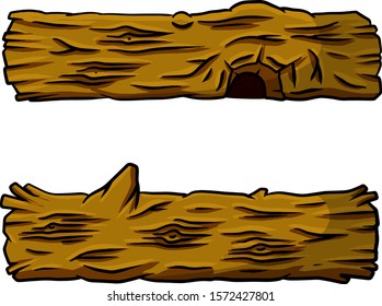 Set of Wooden log. Brown timber forest element. Work of lumberjack. Construction wood material with bark. Color hand-drawn illustration