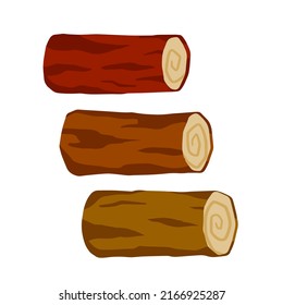 Set of wooden log. Brown timber forest element. Construction wood material with bark. Flat illustration