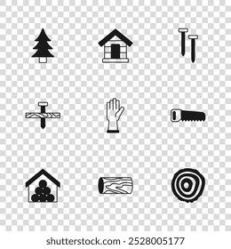 Set Wooden log, Hand saw, Tree rings, Protective gloves, Metallic nails, Dog house and  icon. Vector