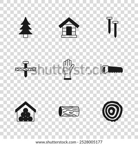 Set Wooden log, Hand saw, Tree rings, Protective gloves, Metallic nails, Dog house and  icon. Vector