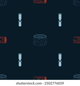 Set Wooden log, logs and Chisel tool on seamless pattern. Vector