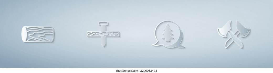 Set Wooden log, Metallic nail, Tree and axe. Paper art style. Vector