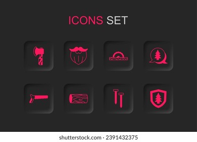 Set Wooden log, Mustache and beard, axe, Metallic nails, Tree, Shield with tree, Electric circular saw and Hand icon. Vector