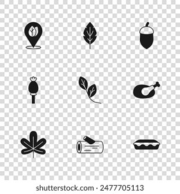 Set Wooden log, Roasted turkey or chicken, Homemade pie, Leaf, Acorn, Location with leaf,  and Opium poppy icon. Vector