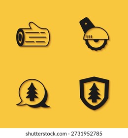 Set Wooden log, Shield with tree, Tree and Electric circular saw icon with long shadow. Vector