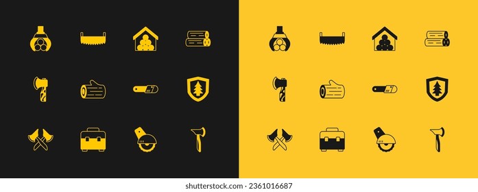 Set Holzblock, Werkzeugkasten, Chainsaw, Elektrischer Rundbogen, Stämme, Krankranich und Zweihandsymbol. Vektorgrafik