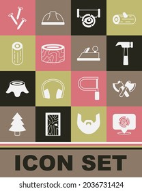 Set Wooden logs, axe, Hammer, Two-handed saw and, Tree stump, Metallic nails and plane tool icon. Vector