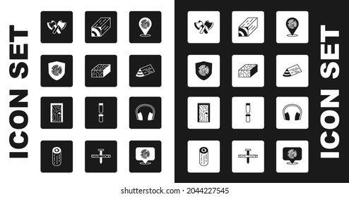 Set Wooden logs, beam, axe, Headphones and Closed door icon. Vector