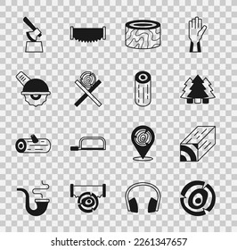 Set Wooden logs, beam, Christmas tree, Tree stump, on stand, Electric circular saw, axe in and  icon. Vector