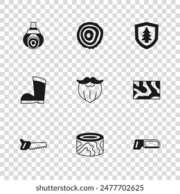 Set Wooden logs, beam, Hacksaw, Mustache and beard, Shield with tree, Grapple crane grabbed, Tree rings and Waterproof rubber boot icon. Vector