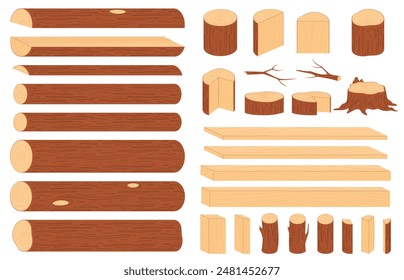 A set of wooden logs, boards. Wood Harvesting, woodworking industry. Raw materials for the production of furniture. Harvesting firewood for the winter. Vector illustration