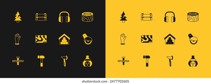 Set Wooden logs, Hammer, axe, beam, Headphones, Tree and box icon. Vector