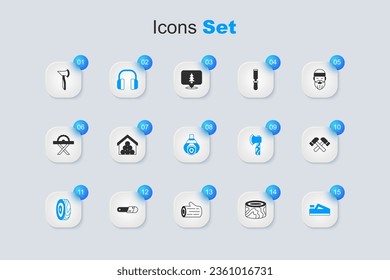 Set Wooden logs, Headphones, Tree rings, plane tool, Crossed hammer, axe and Grapple crane grabbed icon. Vector