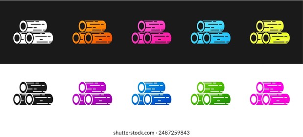 Set Wooden logs icon isolated on black and white background. Stack of firewood.  Vector Illustration