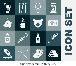 Set Wooden logs, Knife, Barbecue, Meat tongs, Camping gas stove, Cow head, Fire extinguisher and Pig icon. Vector