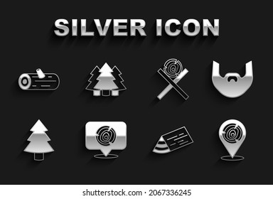 Set Wooden logs, Mustache and beard, beam, Christmas tree, on stand,  and  icon. Vector