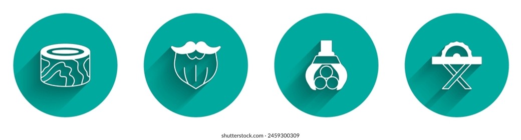 Set Wooden logs, Mustache and beard, Grapple crane grabbed and Electric circular saw icon with long shadow. Vector