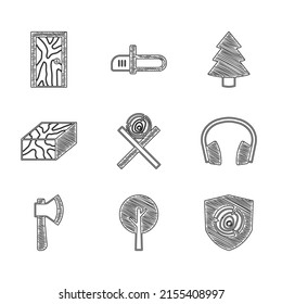 Set Wooden logs on a stand, Tree, Headphones, axe, beam, Christmas tree and Closed door icon. Vector