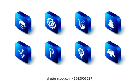 Set Wooden logs, Smoking pipe, Christmas tree, Tree stump, axe, Metallic nails and Electric circular saw icon. Vector