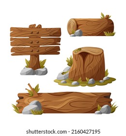 Set of wooden logs, stump, board pointer, vector illustration, cartoon style, wood elements with stones, plants, grass, oak leaves, rest in the forest in summer, camping