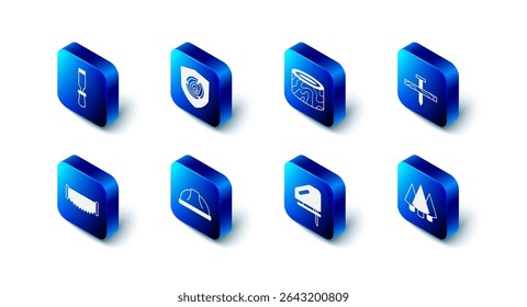 Set Wooden logs, Tree stump, Metallic nail, Christmas tree, Electric jigsaw, Worker safety helmet, Two-handed and Chisel tool icon. Vector